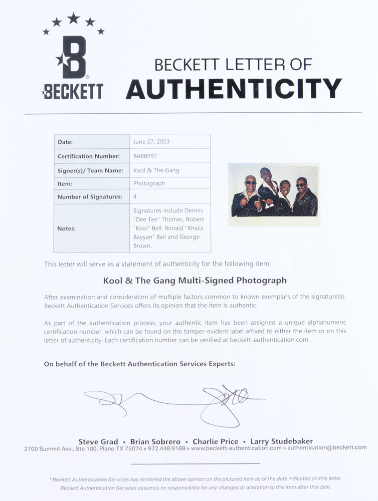 Kool & the Gang 8x10 Photo Signed (Beckett) by (4) with Robert "Kool" Bell, Dennis Thomas, George Brown & Ronald Bell