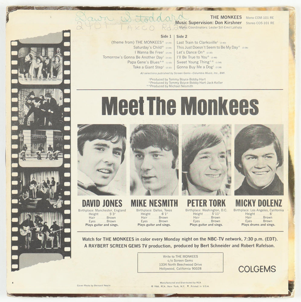 Peter Tork, Davy Jones & Micky Dolenz Signed The Monkees Self-Titled Vinyl Record Album Inscribed "To The Hard Rock" (Beckett)