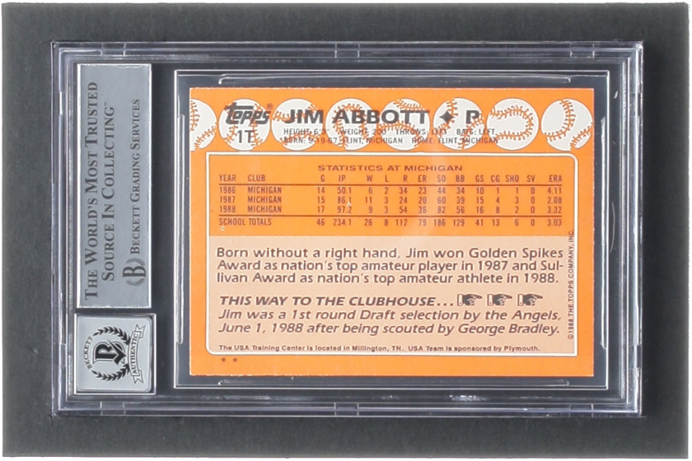 Jim Abbott Signed 1988 Topps Traded #1T OLY XRC (BGS | Autograph Graded BGS 10) - Rookie Card