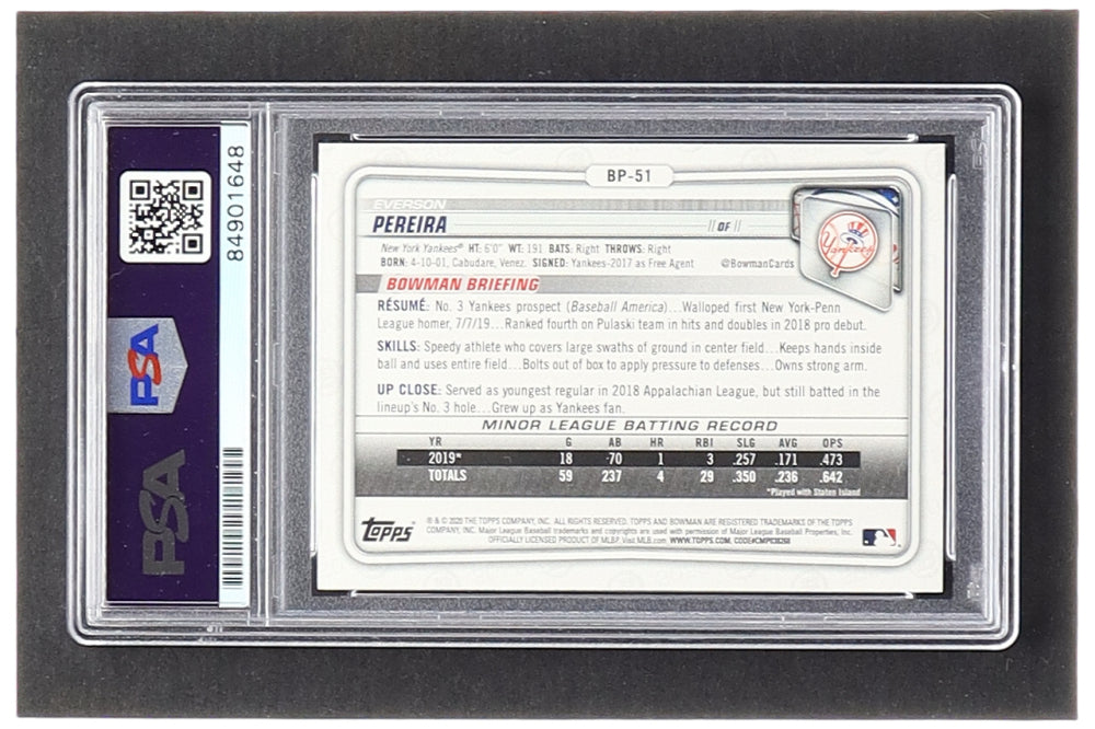 Everson Pereira Signed 2020 Bowman Prospects #BP51 RC (PSA) - Rookie Card