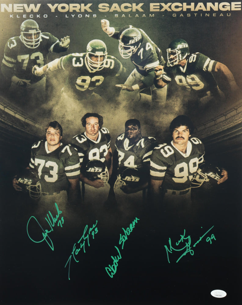 Joe Klecko, Marty Lyons, Abdul Salaam, & Mark Gastineau Signed (JSA) Jets 16x20 Photo - JSA Witnessed - New York Sack Exchange