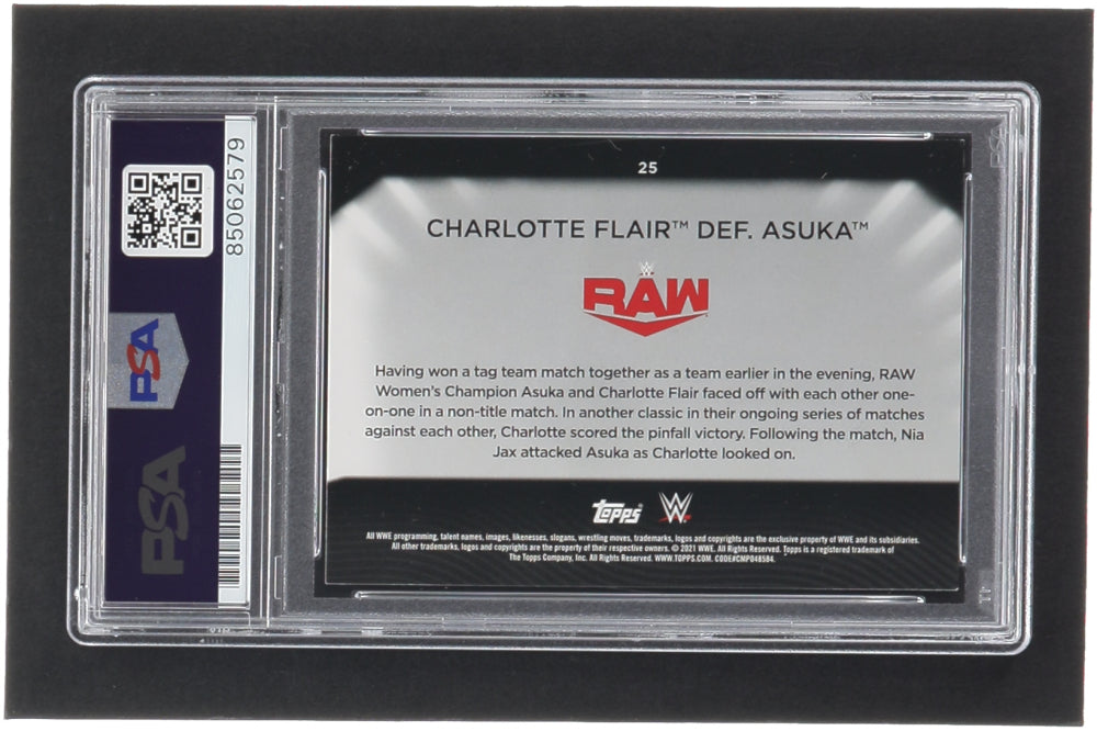 Charlotte Flair and Asuka Signed 2021 Topps WWE Women's Division #25 / Def. Asuka (PSA | Auto Grade 10)