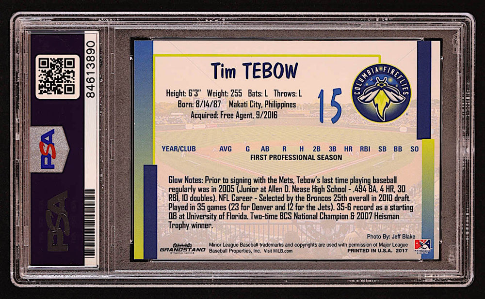 Tim Tebow Signed 2017 Columbia Fireflies Grandstand #25 RC (PSA | Auto Grade 10) - Rookie Card
