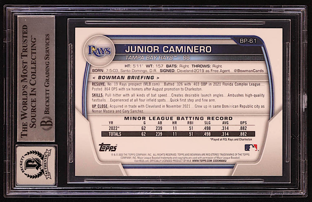 Junior Caminero Signed 2023 Bowman Prospects #BP61 RC (BGS | Auto 10) - Rookie Card