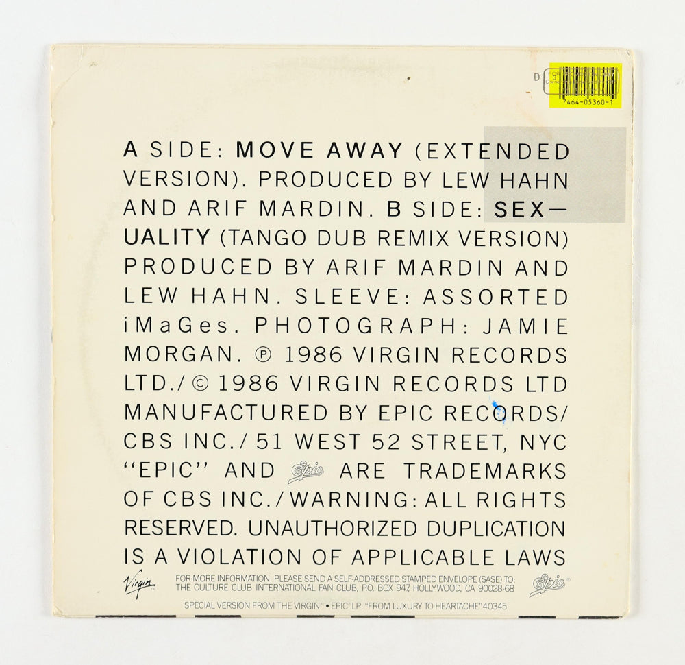 Roy Hay, Jon Moss & Mikey Craig Signed (JSA) Culture Club "Move Away" Vinyl Record Album Sleeve - Culture Club