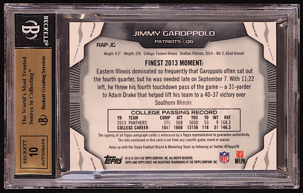 Jimmy Garoppolo 2014 Finest Rookie Patch Autographs Pink Refractors #RAPJG #07/10 RC (BGS 9.5 | Auto 10) - Rookie Card | Serially Numbered #07 / 10