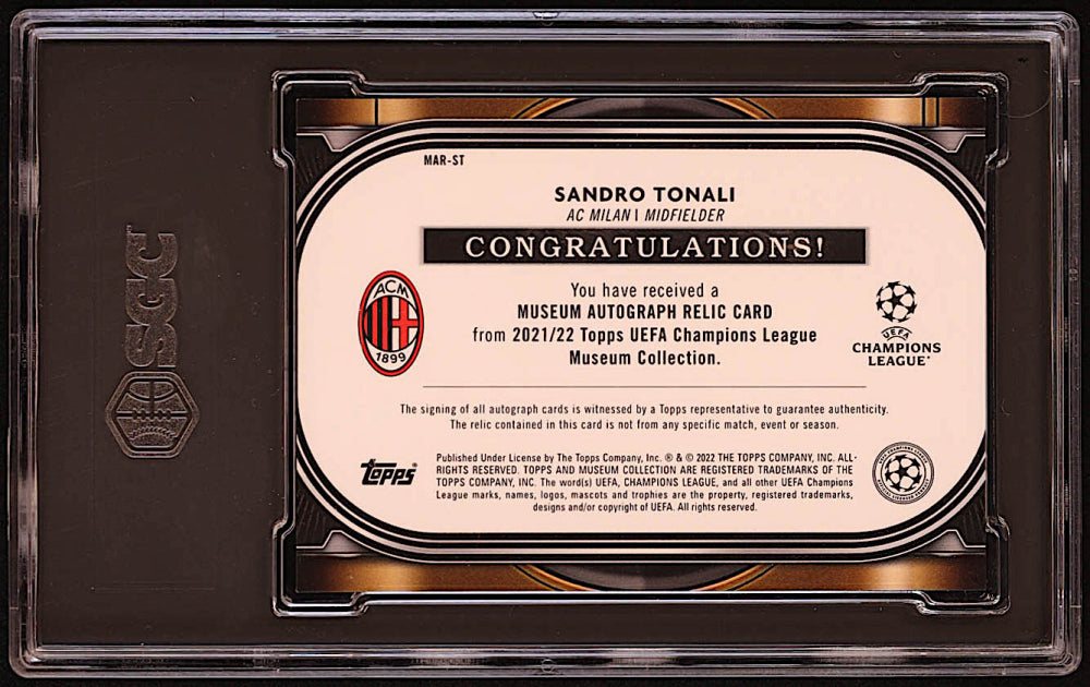 Sandro Tonali 2021-22 Topps Museum Collection UEFA Champions League Autograph Relics #MARST #92/250 (SGC 9 | Autograph Graded SGC 10) Serially Numbered #92 / 250
