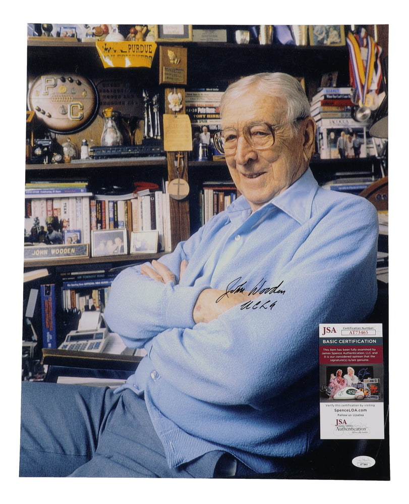 John Wooden Signed (JSA) 16x20 Photo Inscribed "UCLA"