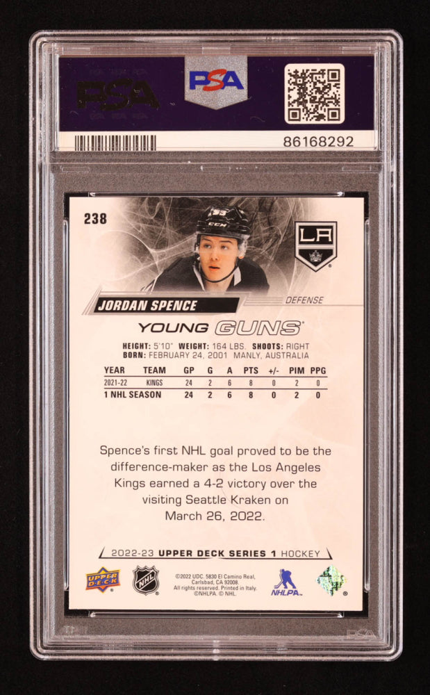 Jordan Spence Signed 2022-23 Upper Deck #238 YG RC (PSA | Autograph Graded PSA 10) Rookie Card