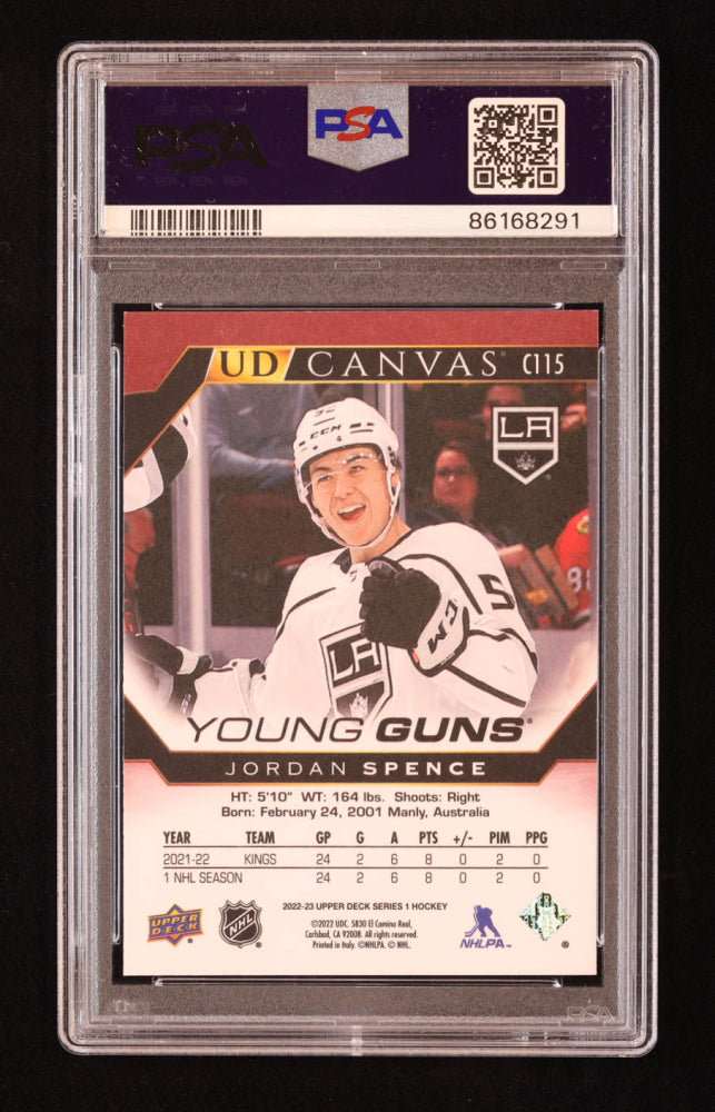 Jordan Spence Signed 2022-23 Upper Deck UD Canvas #C115 YG RC (PSA | Autograph Graded PSA 10) Rookie Card