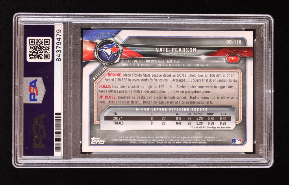 Nate Pearson Signed 2018 Bowman Draft #BD118 RC (PSA) - Rookie Card