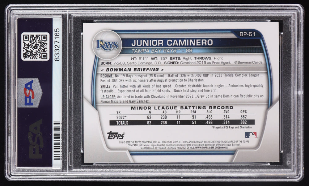 Junior Caminero Signed 2023 Bowman Prospects #BP61 RC (PSA) Rookie Card