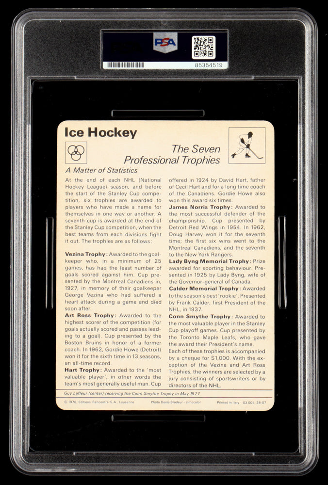 Guy Lafleur Signed The Seven Professional Trophies 1977-79 Sportscaster Series 38 #3807 Inscribed "Conn Smythe 1977" (PSA)