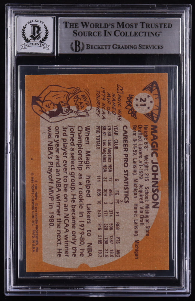 Magic Johnson Signed 1981-82 Topps #21 - Autograph Graded Beckett (BGS) 10 - Beckett Witnessed