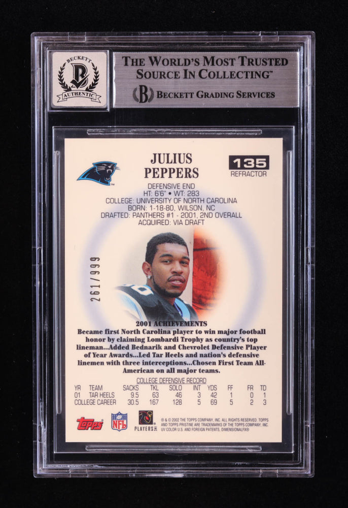 Julius Peppers Signed 2002 Topps Pristine Refractors #135 RC #261/999 C (BGS | Auto 10) Serially Numbered #261 / 999 | Beckett Witnessed - Rookie Card