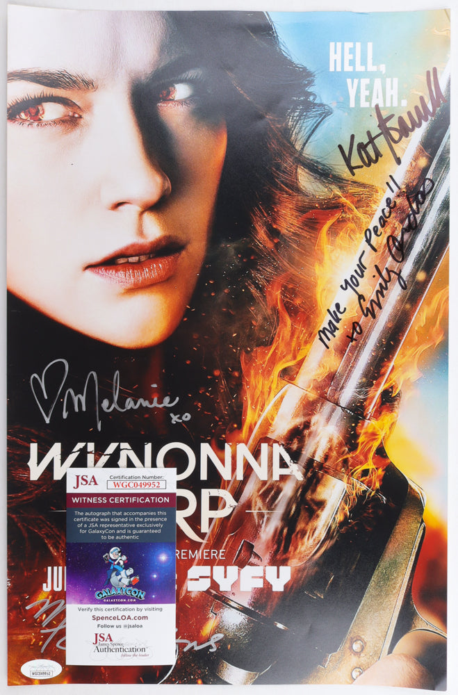 Emily Andras, Kat Barrell, Megan Follows & Melanie Scrofano Signed (JSA) "Wynonna Earp" 11x17 Photo Inscribed "Make Your Peace!!" - JSA Witnessed