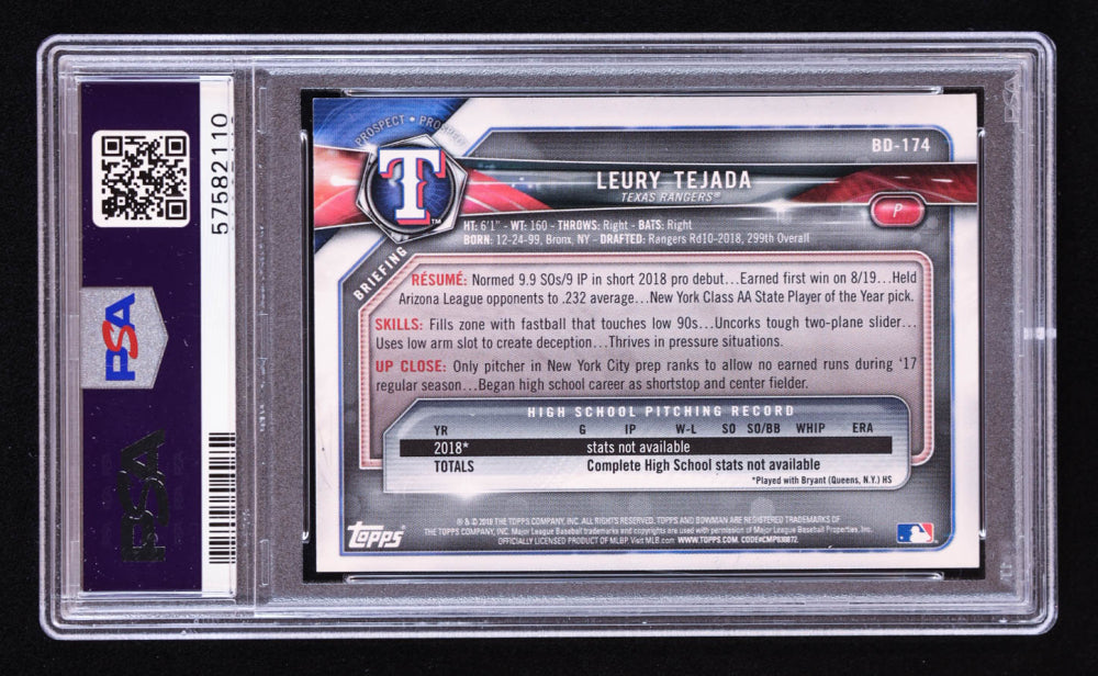 Leury Tejada Signed 2018 Bowman Draft #BD174 RC (PSA) Rookie Card
