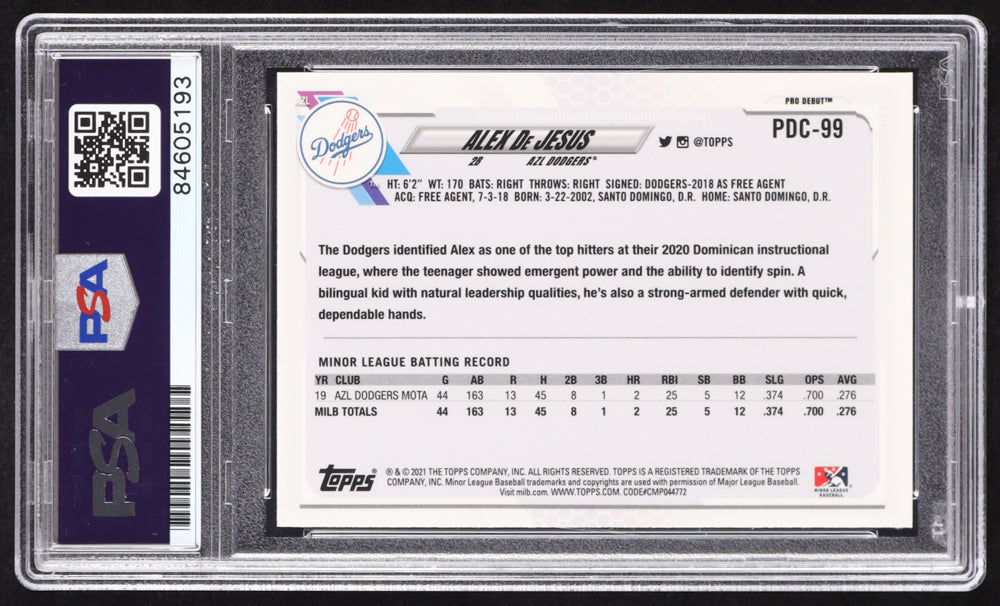 Alex De Jesus Signed 2021 Topps Pro Debut Chrome #PDC99 RC (PSA | Autograph Graded PSA 10) Rookie Card