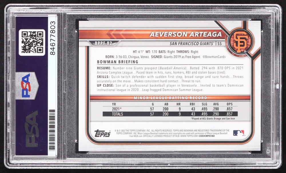 Aeverson Arteaga Signed 2022 Bowman 1st Edition Sky Blue Foil #BPPF82 RC (PSA | Autograph Graded PSA 10) Rookie Card