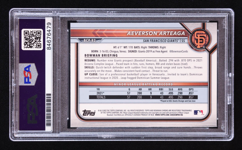 Aeverson Arteaga Signed 2022 Bowman Chrome Prospects #BCP82 RC (PSA | Auto 10) Rookie Card