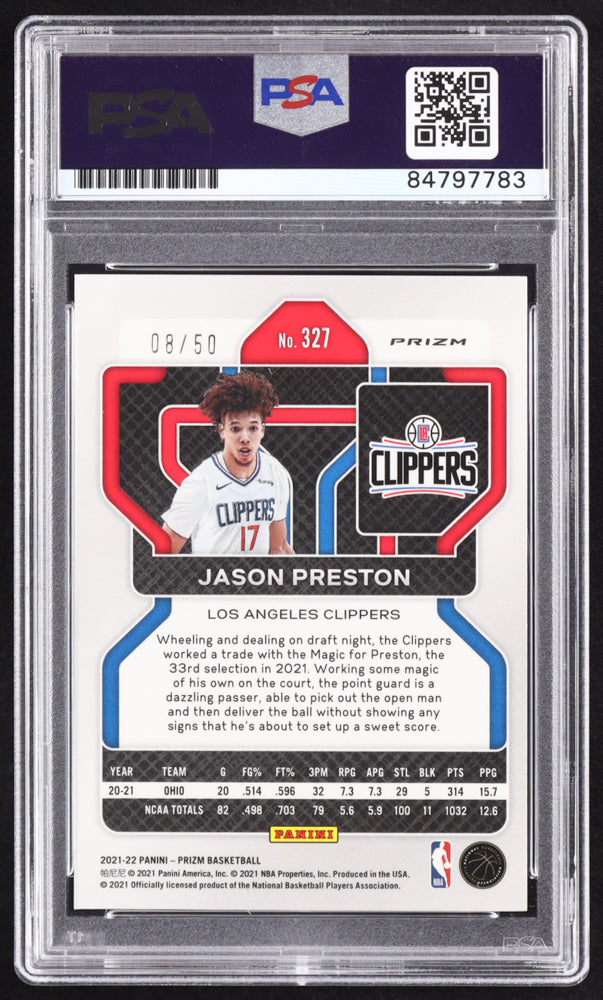Jason Preston Signed 2021-22 Panini Prizm Prizms Fast Break Pink #327 RC #8/50 (PSA | Autograph Graded PSA 10) Rookie Card / Serially Numbered #8 / 50