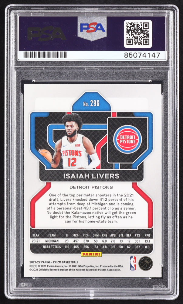 Isaiah Livers Signed 2021-22 Panini Prizm #296 RC (PSA) Rookie Card