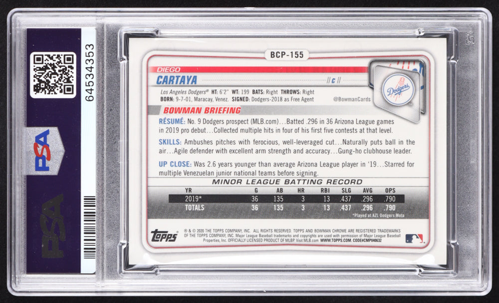 Diego Cartaya Signed 2020 Bowman Chrome Prospects Gold Refractors #BCP155 RC #28/50 (PSA 10 | Autograph Graded PSA 10) Rookie Card / Serially Numbered #28 / 50