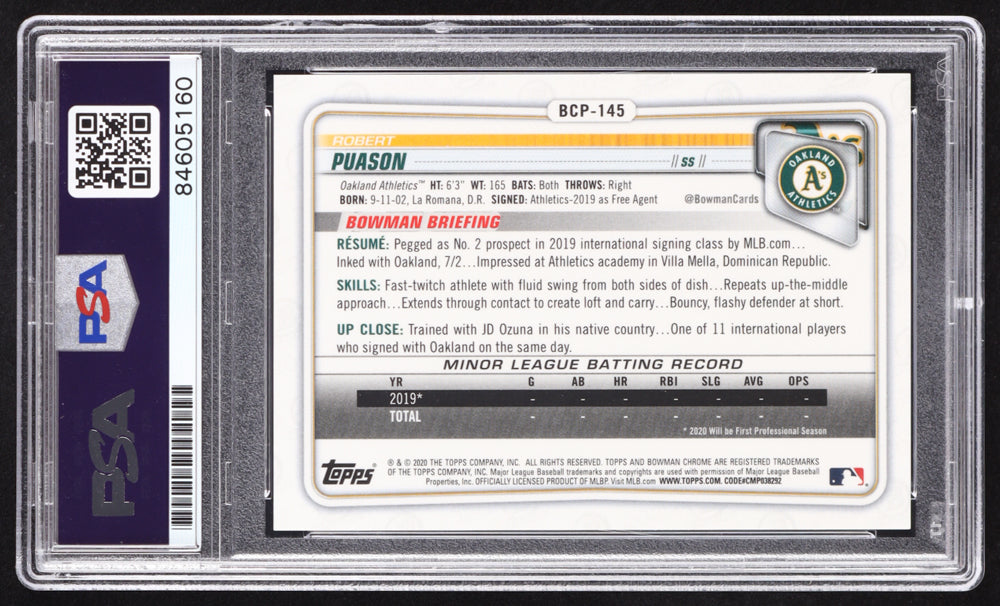 Robert Puason Signed 2020 Bowman Chrome Prospects Atomic Refractors #BCP145 RC (PSA | Autograph Graded PSA 10) Rookie Card