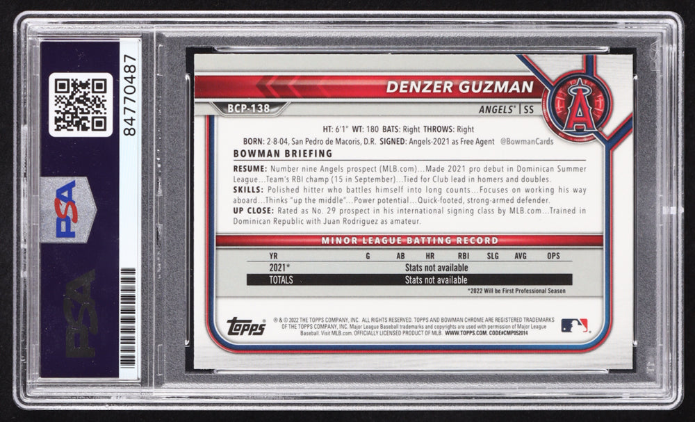 Denzer Guzman Signed 2022 Bowman Chrome Mega Box Prospects #BCP138 RC (PSA | Auto 10) Rookie Card