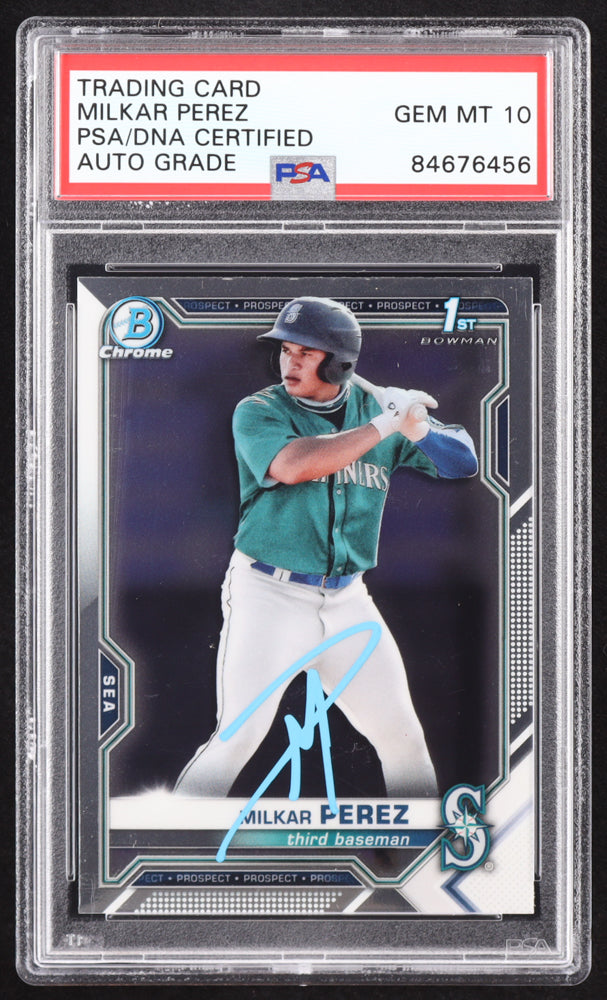 Milkar Perez Signed 2021 Bowman Chrome Prospects #BCP215 RC (PSA | Auto 10) Rookie Card