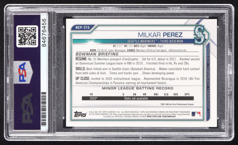 Milkar Perez Signed 2021 Bowman Chrome Prospects #BCP215 RC (PSA | Auto 10) Rookie Card