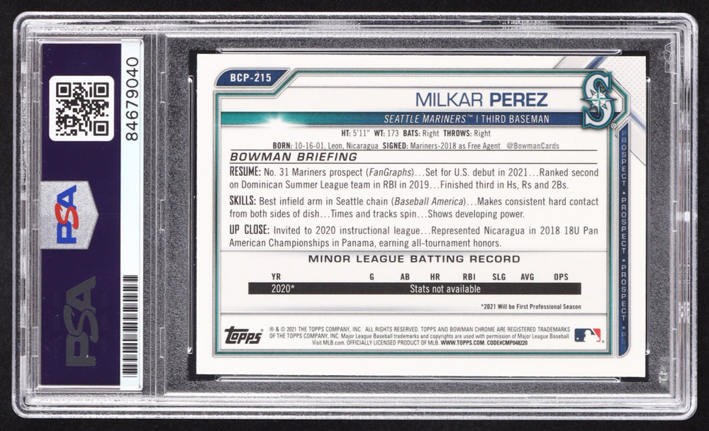 Milkar Perez Signed 2021 Bowman Chrome Mega Box Prospects Refractors #BCP215 RC (PSA | Auto 10) Rookie Card