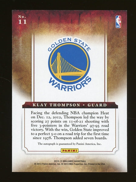 Klay Thompsom 2012 Panini Brilliance Marks of Brilliance Autographed #11- #10 of 25 - Rookie Card