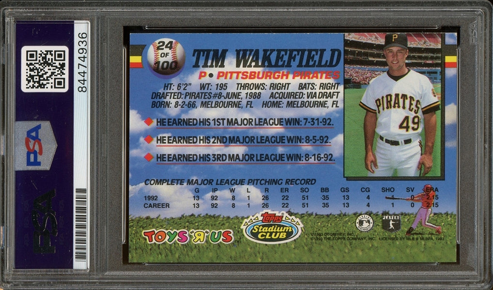 Tim Wakefield Signed 1993 Toys 'R' Us Rookie Star #24 - Auto Graded Gem Mint 10 (PSA/DNA Encapsulated) - Rookie Card