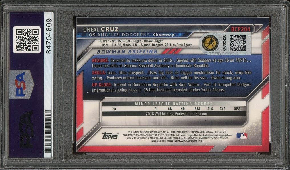 Oneal Cruz Signed 2016 Bowman Chrome 1st Bowman #BCP204- PSA Authentic - Rookie Card
