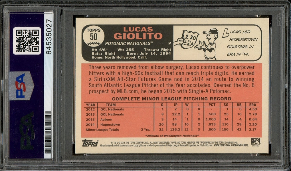 Lucas Giolito Signed 2015 Topps Heritage Minor League #50- PSA Authentic - Rookie Card