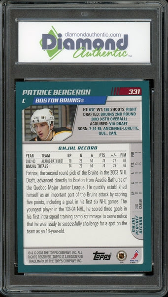 Patrice Bergeron Signed 2003 Topps #331 - Auto Graded 10 (DGA - Diamond Authentic) - Rookie Card