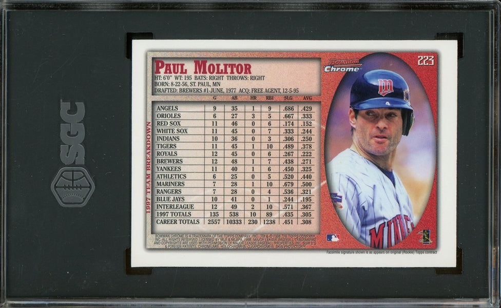 Paul Molitor 1998 Bowman Chrome '22 Archives Signature Series Buyback Autographed #223- #1 of 1 - Graded Mint 9 Auto 10 (SGC)