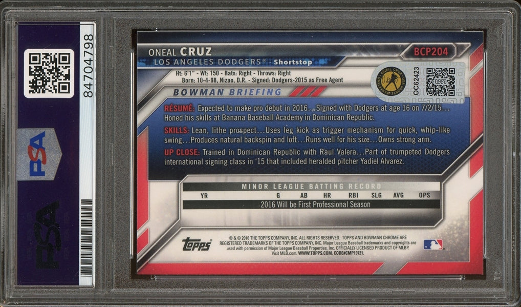 Oneil Cruz Signed 2016 Bowman Chrome Prospects 1st Bowman #BCP204 - Auto Graded Gem Mint 10 (PSA/DNA Encapsulated) - Rookie Card