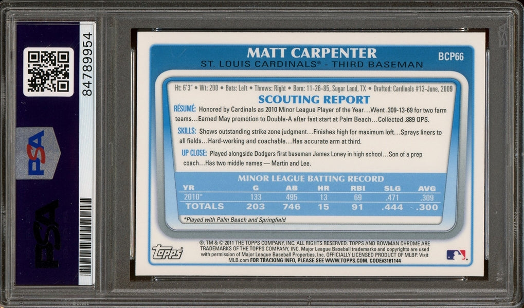 Matt Carpenter Signed 2011 Bowman Chrome 1st Bowman #BCP66- Auto Graded Gem Mint 10 (PSA) - Rookie Card