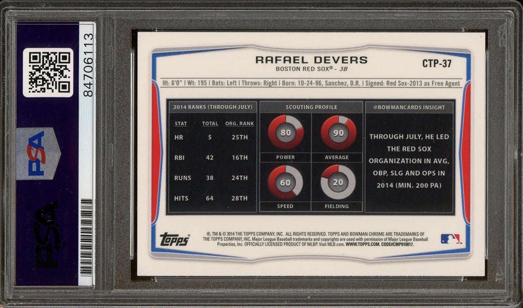 Rafael Devers Signed 2014 Bowman Chrome 1st Bowman #CTP-37- Auto Graded Gem Mint 10 (PSA) - Rookie Card