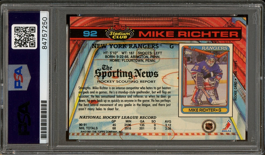 Mike Richter Signed 1991 Topps Stadium Club #92- PSA Authentic