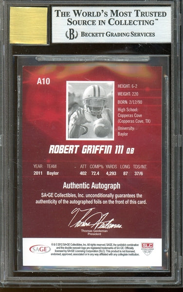 Robert Griffin III 2012 Sage Hit Autographs Gold Autograph #A10 - #87 of 250 - Graded Mint 9 (BGS) with Graded 10 Auto - Rookie Card