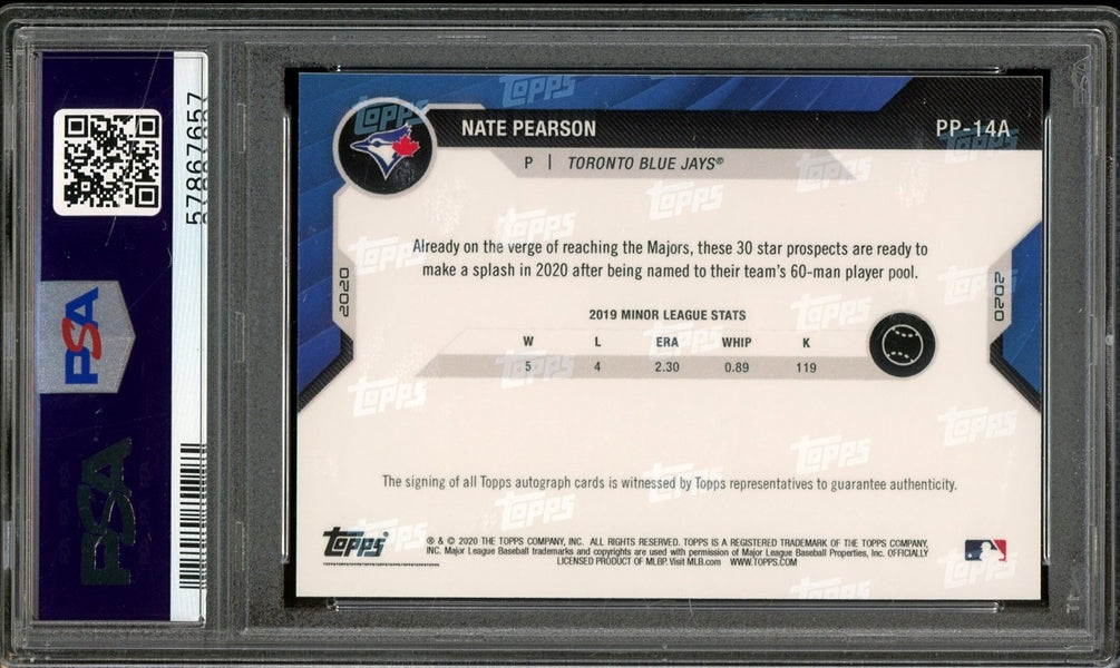 Nate Pearson 2020 Bowman Next Prospect Pool Autographed #PP14A- Graded 8 (PSA) - Serially Numbered #59/99 - Rookie Card