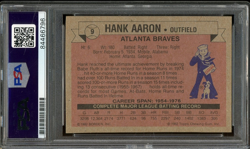 Hank Aaron Signed 1982 Topps Cracker Jack #9- Auto Graded Mint 9 (PSA/DNA)