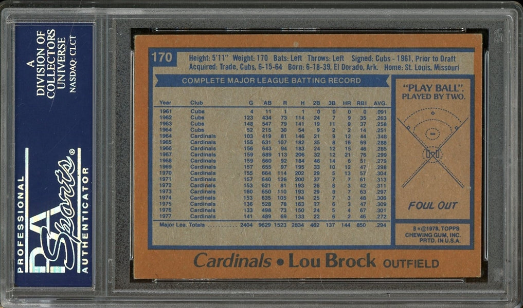 Lou Brock Signed 1978 Topps #170- PSA/DNA Authentic