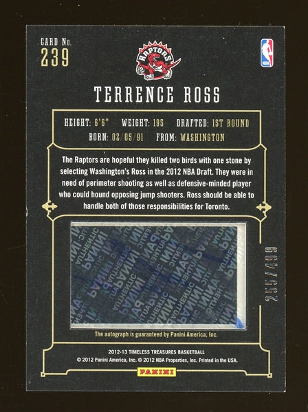 Terrence Ross 2012 Panini Timeless Treasures Glass Rookie Autograph Rookie Basketball Card #239 - #255 of 499