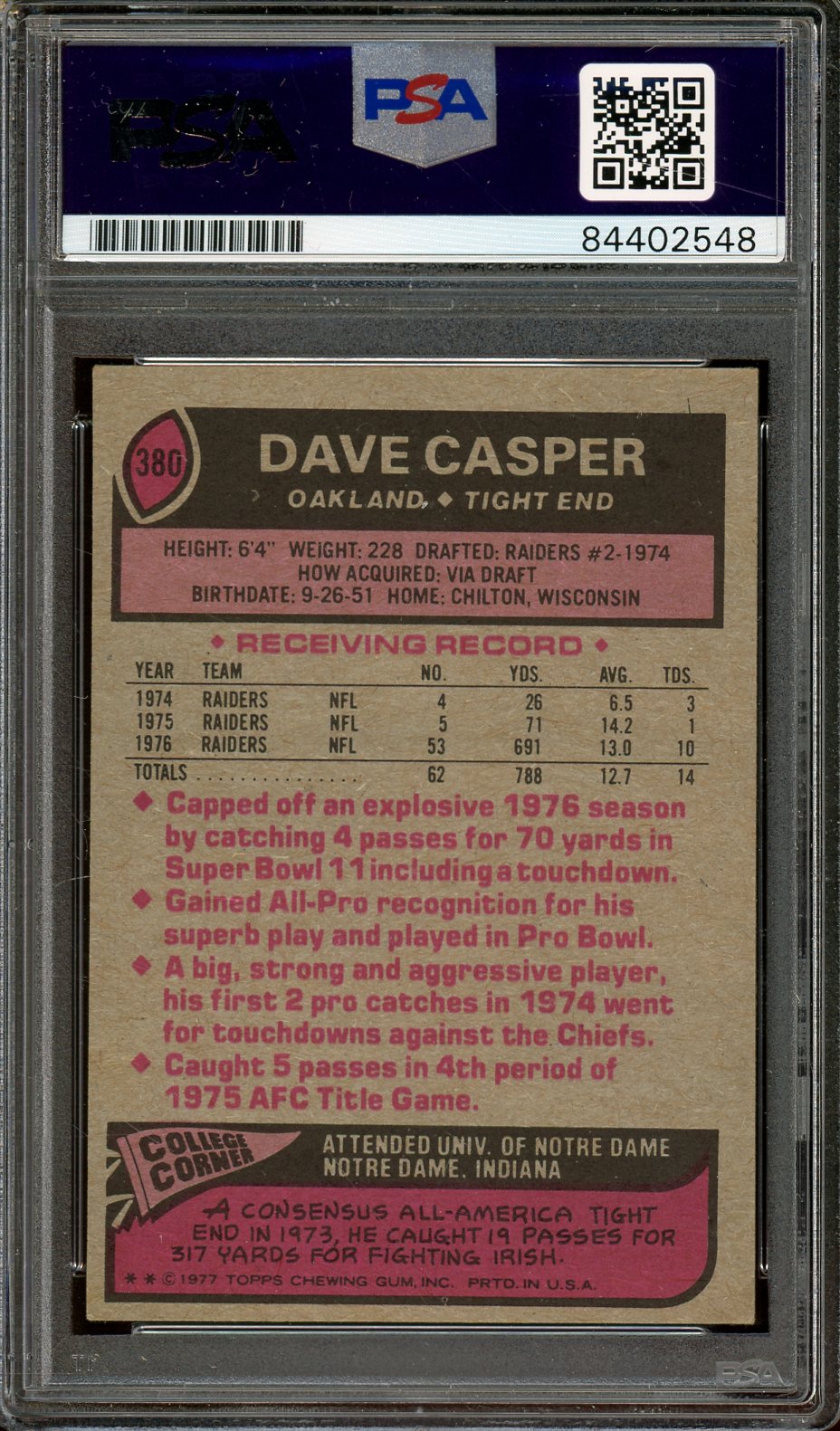 Dave Casper Signed 1977 Topps #380 RC (PSA/DNA Encapsulated) - Rookie Card