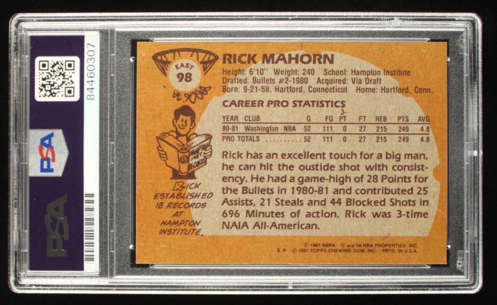 Rick Mahorn Signed 1981-82 Topps #E98 RC Inscribed "'89 Champs" (PSA) - Rookie Card