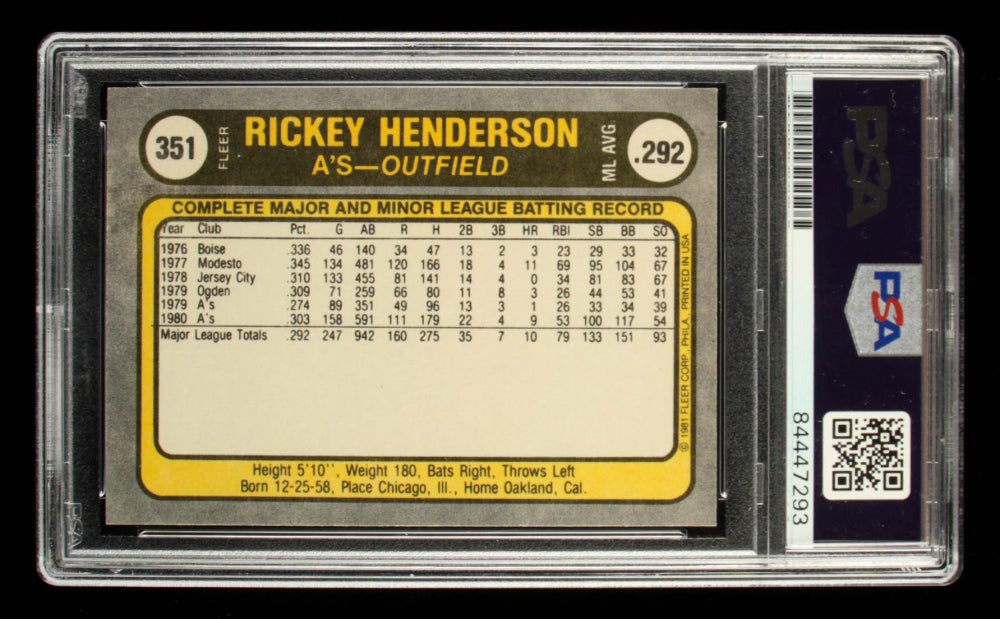 Rickey Henderson Signed 1981 Fleer #351 Most Stolen Bases AL (PSA) Autograph Graded PSA 10